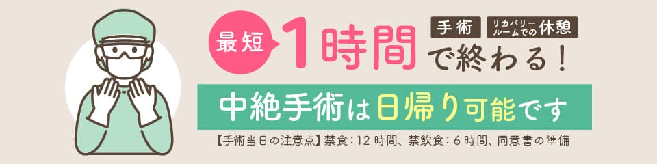 最短1時間（手術＋リカバリールームでの休憩）で終わる！中絶手術は日帰り可能です