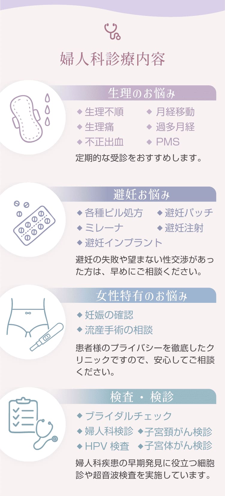 保険診療・自費診療ともに対応。婦人科診療内容